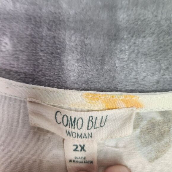 Como Blu Womens Button Up Top 2X Pale Yellow Floral Tie Waist Cottage Peasant - Picture 5 of 9